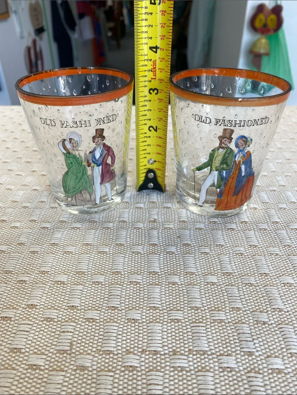 Set of 2 'Old Fashioned' Decorative Glass Tumblers with Orange Rim